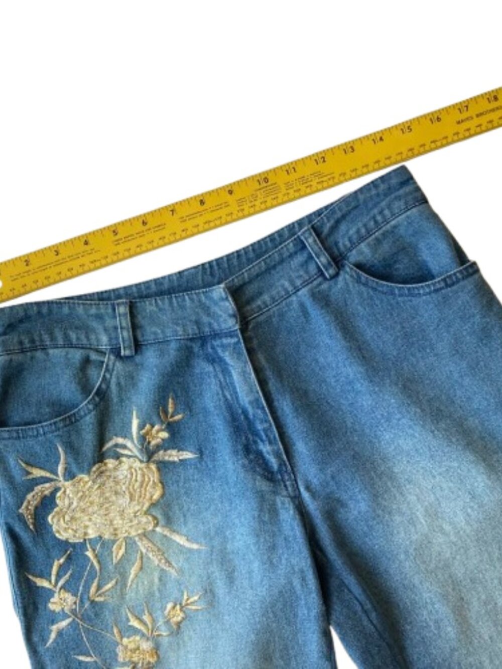 Cache Vintage VTG Embroidered Beaded Bootcut Jeans Womens 6 Blue Denim - Picture 6 of 14